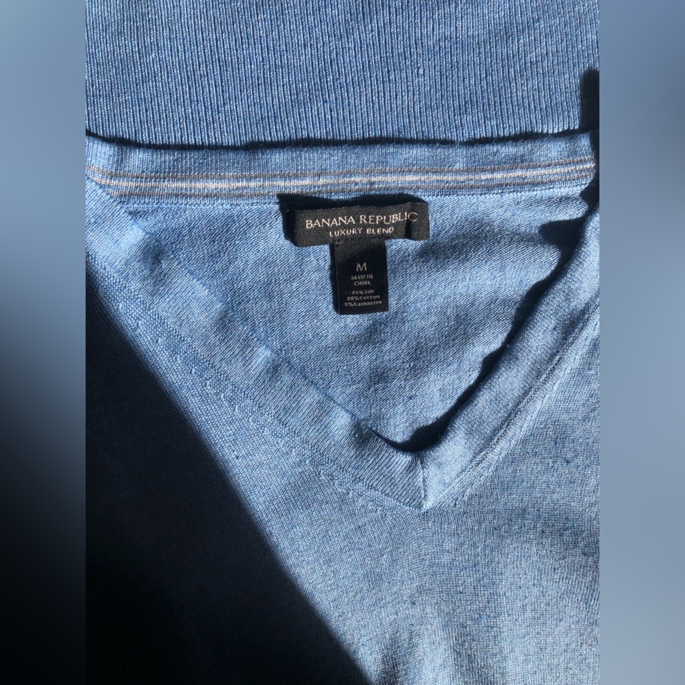 Banana Republic Silk Cashmere Cotton Blend Blue V-Neck Sweater M Minimal Clean
